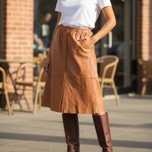Summum Women Lamb Leather Skirt Toffee-Snap Front-Pockets-Euro Chic-Sz. Small